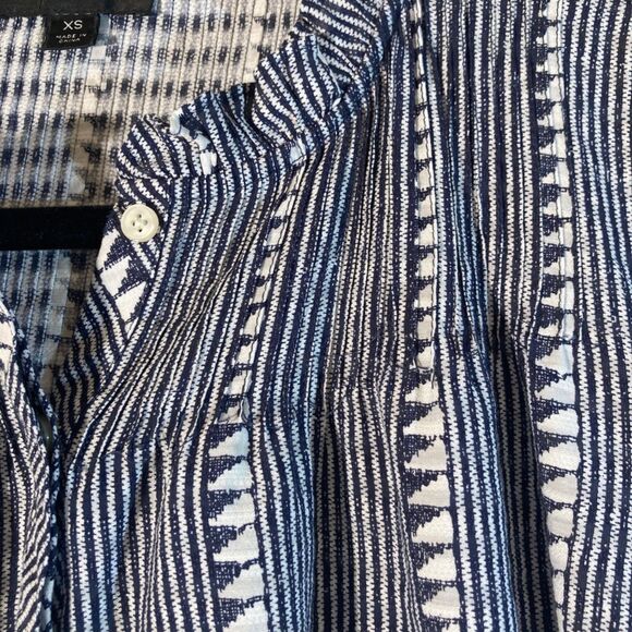 J Crew Blouse XS Navy Re-Imagined Ruffle Neck Button Up Stripe Geometric Design - Picture 6 of 11